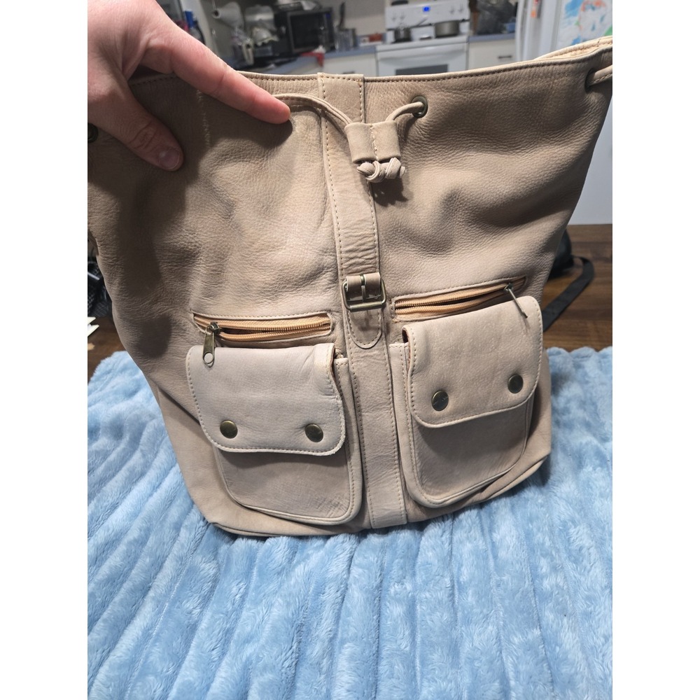 Boho Faux Leather Backpack Beige Drawstring‎ Pocket Bag Vintage Style Travel